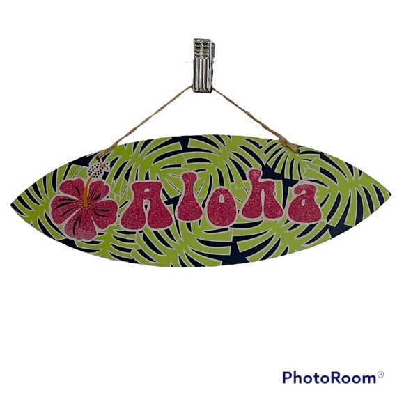 Wood Beach Tiki Bar Sign Luau Surf Board ALOHA Door Plaque Hawaiian Flower Decor - Picture 1 of 9